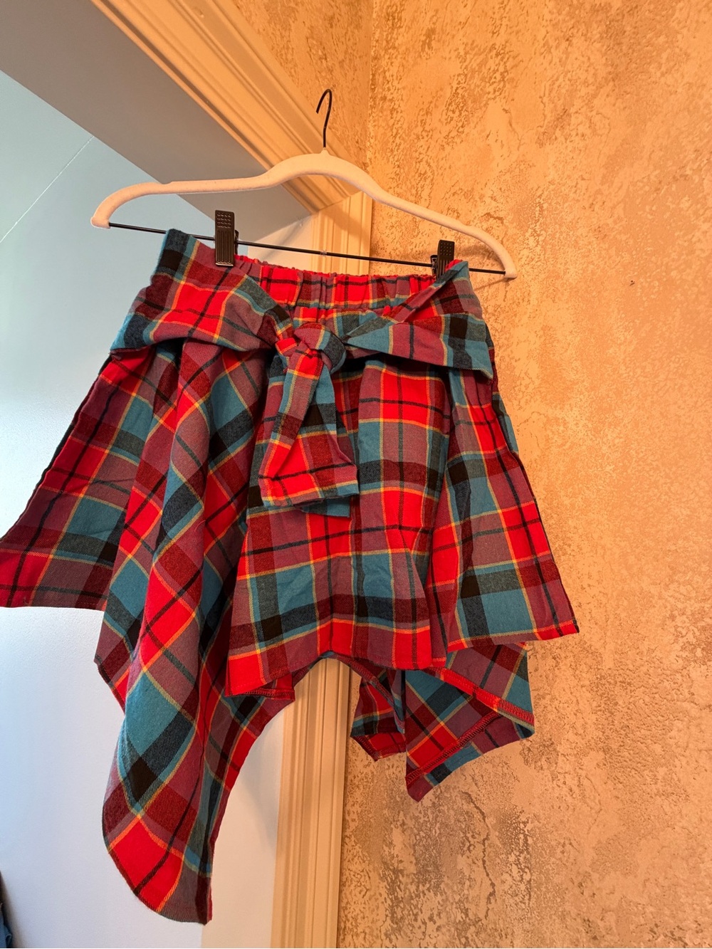 SHEIN Red and Teal Plaid Tie-Waist Skirt